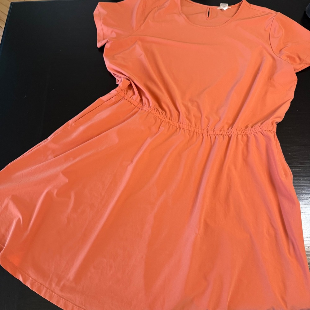 Duluth Trading Co Womens XL Coral Orange Short Sleeve Elastic Waist Pocket Dress